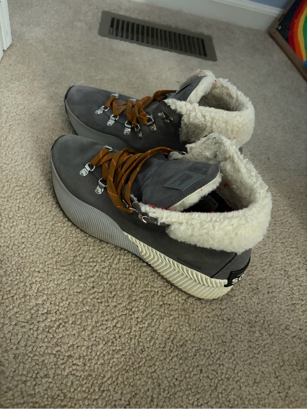 Sorel Gray Winter Shearling-Lined Boots with Tan Laces